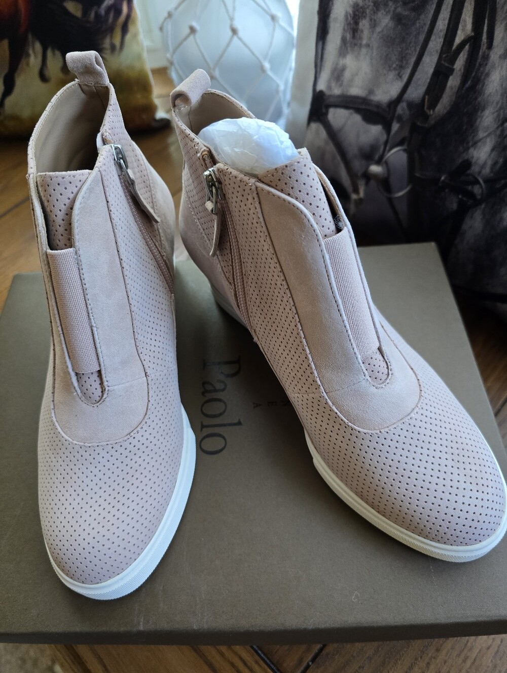 NWT (New with Tags)", "Perforated Blush Pink Suede", and "Hidden Wedge Heel 6.5